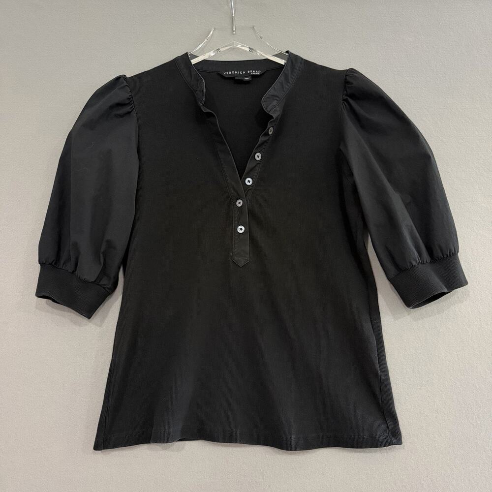 Veronica Beard Coralee Puff Sleeve Top Womens Med Black Ribbed Knit Henley Shirt
